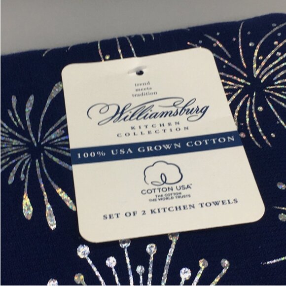2 pc Williamsburg Fireworks Terry Kitchen Towels Iridescent Silver Foil July 4th - Picture 7 of 8